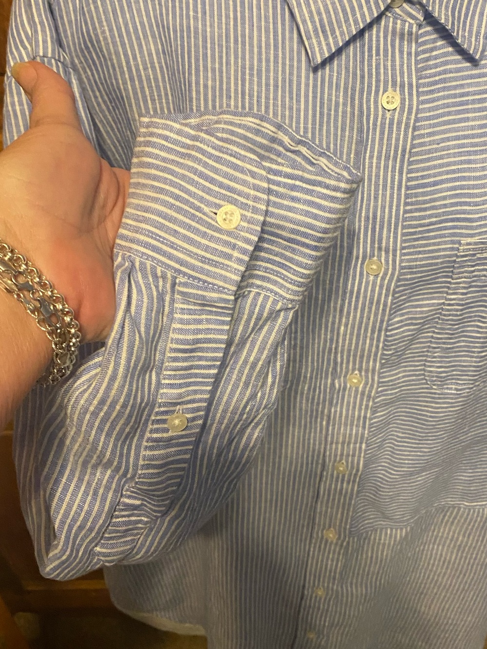 Lauren Ralph Lauren Linen  Blue Stripe Embroidered Hem Shirt Dress Cottagecore - Picture 8 of 14